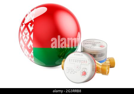 Water consumption in Belarus. Water meters with Belarusian flag. 3D rendering isolated on white background Stock Photo
