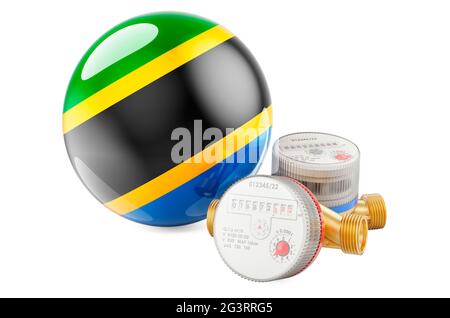 Water consumption in Tanzania. Water meters with Tanzanian flag. 3D rendering isolated on white background Stock Photo