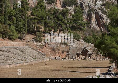 Ancient Stadium in Delphi, Greece. Delphi is ancient sanctuary that grew rich as seat of oracle Stock Photo