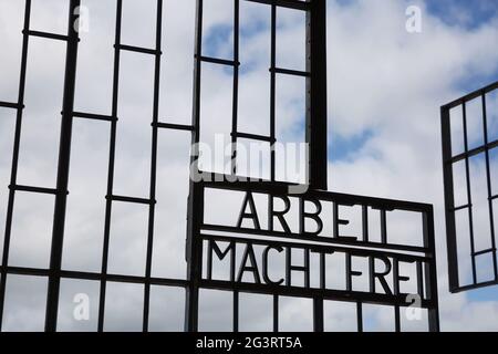 Entrance of Sachsenhausen-Oranienburg Nazi concentration camp. Arbeit macht frei German phrase, work sets you free. A false prom Stock Photo