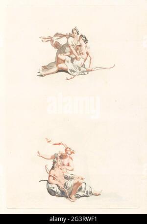 Jupiter and Callisto and Venus and Adonis. Two performances on a leaf. Above: Jupiter, in the form of moon godin Diana, embraces Callisto. She holds a bow in her hand. Below: a woman touches a seated man, with bow in his hand, and says something to him. The Venus is probably, who wants to prevent her beloved Adonis to hunt. This print is part of an album. Stock Photo