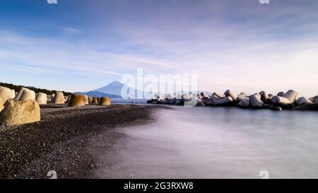 View of Mount Fuji from the beach, Shizuoka Prefecture, Japan Stock Photo