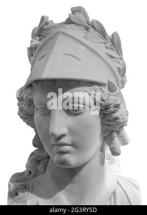 Ancient Greek goddess Athena Pallas statue isolated on white. Marble woman head in helmet sculpture. Stock Photo