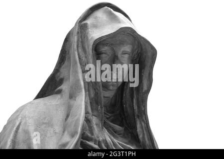 Face of statue of grieving woman isolated on white background. Plaster antique sculpture of young woman face. Gypsum head portra Stock Photo