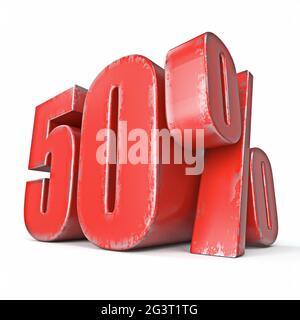 Metal red colored grunge 50 percent sign 3D render illustration ...