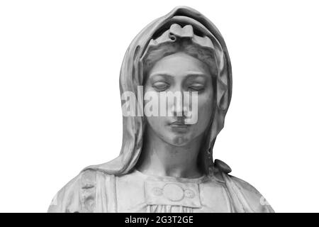 Face of statue of grieving woman isolated on white background. Plaster antique sculpture of young woman face. Gypsum head portra Stock Photo