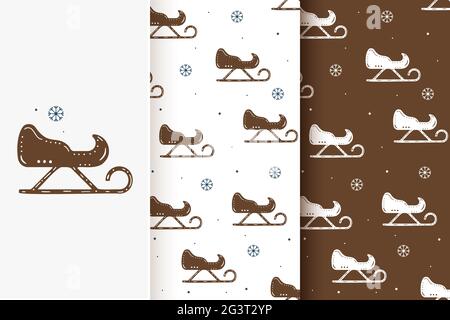 Set of seamless patterns of sledges and snowflakes in flat style. Collection of cards with traditional Christmas elements. Stock Photo