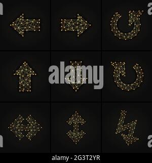 Set of arrows golden abstract illustration on dark background. Arrow symbols made from lines and dots. Stock Photo