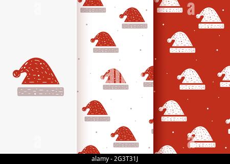 Set of seamless patterns of Christmas hat in flat style. Collection of cards with traditional Christmas elements. Stock Photo