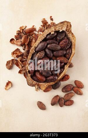 Fresh peeled cocoa beans in pod on beige background. Stock Photo