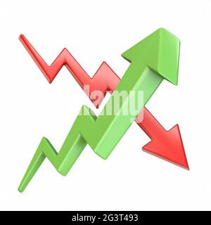 Red and green chart arrows crossed 3D render illustration isolated on ...
