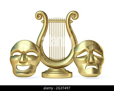 Golden lyre with happy and sad mask 3D Stock Photo