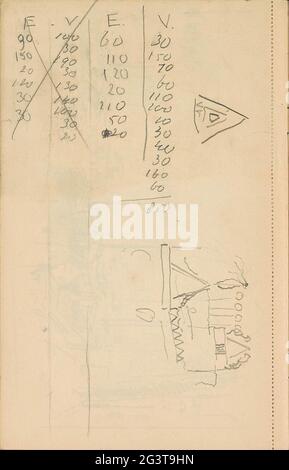 Study. Possibly a tower and a sailboat. Leaf 71 Verso from a sketchbook with 73 sheets. Stock Photo
