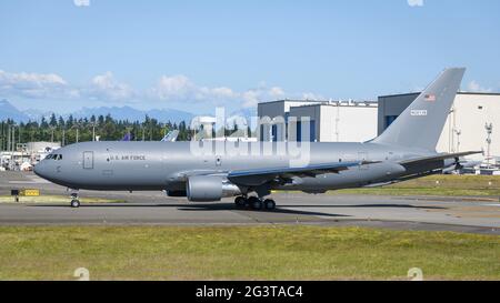 Everett, WA, USA - June 16, 2021; Boeing KC-46A US Air Force refueling taker at its manufacturing home at Boeing's Paine Field KPAE. Stock Photo