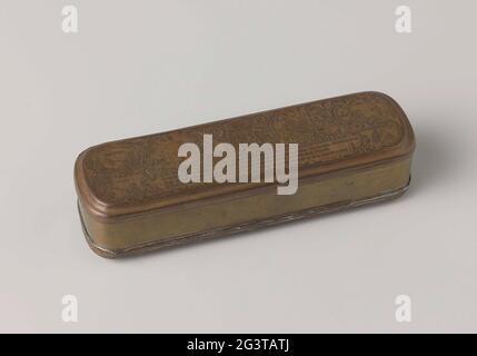 Tobacco box, Rectangular tobacco box with rounded corners of red and yellow  copper, with images and inscription on the lid and bottom. Cover: relief  with, among other things, allegorical representations of the
