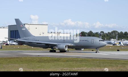 Everett, WA, USA - June 16, 2021; Boeing KC-46A US Air Force refueling taker at he north end of the runway at Paine Field in Everett Stock Photo