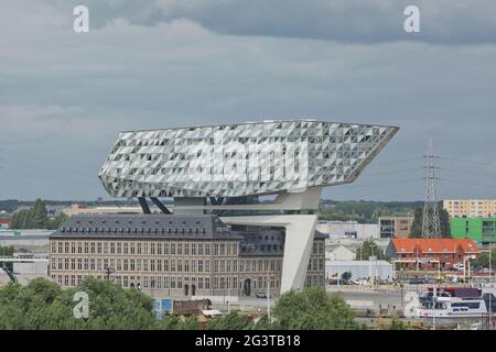 Port of Antwerp headquarters, design Zaha Hadid, former fire station with a massive sculpture on top Stock Photo