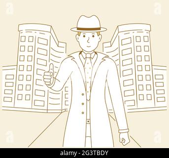 Vector illustration of a man showing the thumbs up on the background of an architectural building. Men detective and city cartoo Stock Photo