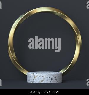 Abstract background twisted golden ring and white marble stage 3D Stock Photo