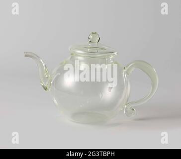 Teapot with lid. Spherical body, curved spout and c-shaped handle. Over-knowing lid with round button. Stock Photo