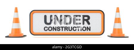 Under construction sign with two traffic cones 3D Stock Photo