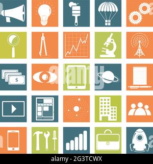 Monochrome icons of technology, business and science with symbols like microscope, brush, notepad, planet, graphic, executive folder, tools, tablet, s Stock Vector