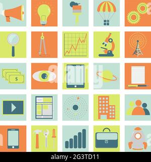 Icons of technology, business and science with symbols like microscope, brush, notepad, planet, graphic, executive folder, tools, tablet, smarthphone, Stock Vector