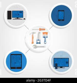 Icons of various electronic tools around equipment to repair them. Stock Vector