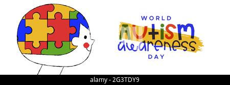 Autism Awareness Day web banner illustration of child head with puzzle game inside in funny kid cartoon doodle style. Autistic children psychology sup Stock Vector