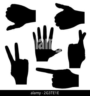 Set with silhouettes of human hands with different gestures isolated on white background. Vector illustration. Stock Vector