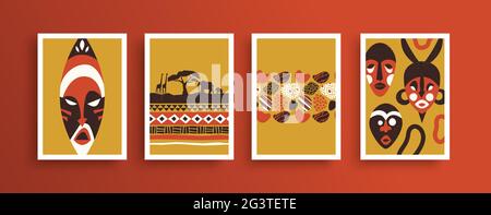 Set of african art illustration frames in traditional tribal painting style. Print collection includes africa culture mask, safari scene and animal pr Stock Vector