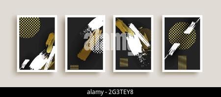 Abstract grunge gold and black illustration collection in hand drawn style. Luxury minimalist golden frame set for business template or premium design Stock Vector