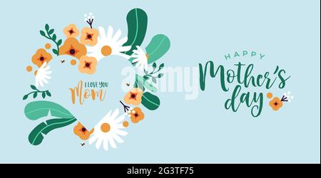 Happy Mother's Day banner illustration of cute heart shape frame with flat cartoon flower bouquet decoration for mom love family holiday. Stock Vector