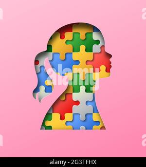 Little girl head profile silhouette made of colorful paper cut puzzle pieces. Children education or psychology illustration concept in realistic 3d pa Stock Vector