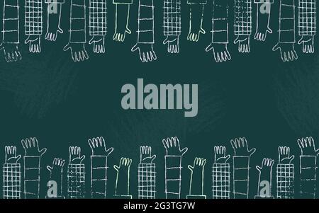 People hands raised up together on empty school blackboard background. Education team concept, community help or children student teamwork. Stock Vector