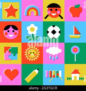 Colorful children mosaic cartoon seamless pattern with funny kid toy icons in retro scandinavian art style. Child education background concept include Stock Vector