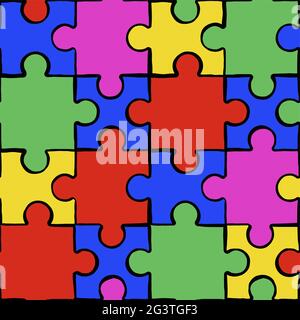 Colorful puzzle game seamless pattern in hand drawn cartoon style. Jigsaw game background for children education or creative idea concept. Stock Vector