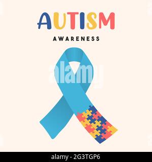 Autism awareness day greeting card illustration of ribbon bow with colorful puzzle pieces. Kid education concept, different learning ability. Support Stock Vector