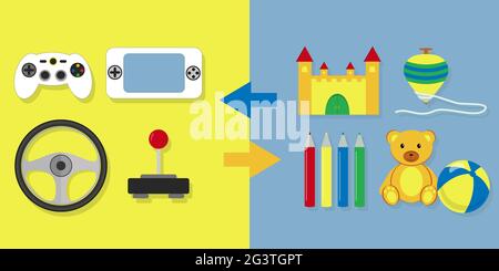 Video game (joystick, game boy, control, wheel) against other toys (teddy bear, spinning top, ball, toy castle, colored pencils) Stock Vector