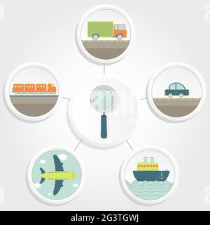 Means of transport and a loupe representing search and research. Truck, car, ship, train, plane. Stock Vector