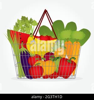 Supermarket basket full of vegetables and fruit like tomato, carrots, watermelon, apple, banana, pepper . Isolated and editable. Stock Vector