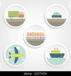 Buttons of five types of transport: truck, car, train, plane, ship Stock Vector