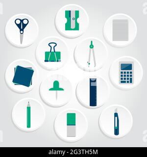 Circular icons of several office supplies as scissors, pencil, pen, compass, stiletto, calculator, ruler, paper clips, pencil sharpener, copybook, pap Stock Vector