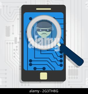 Malware detected on smartphone represented by a magnifying glass focusing on the figure of a thief Stock Vector