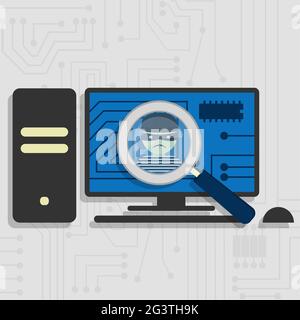 Malware detected on pc represented by a magnifying glass focusing on the figure of a thief Stock Vector