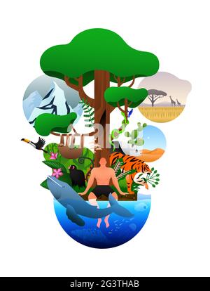 Biodiversity tree with diverse wild animal and plant. Nature life illustration concept on isolated white background. Biology education design. Include Stock Vector
