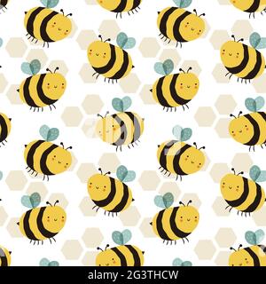 Funny bee doodle cartoon seamless pattern illustration with cute bumblebee character on isolated beehive backdrop. Childish hand drawn bees background Stock Vector