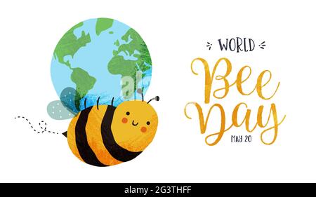 World Bee Day greeting card illustration of cute bumblebee cartoon character holding earth planet in hand drawn style. Eco friendly animal protection Stock Vector