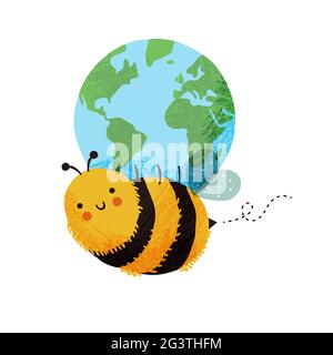 Happy bee cartoon character holding earth planet on isolated white background. Funny bumblebee insect concept for bees protection or eco friendly camp Stock Vector