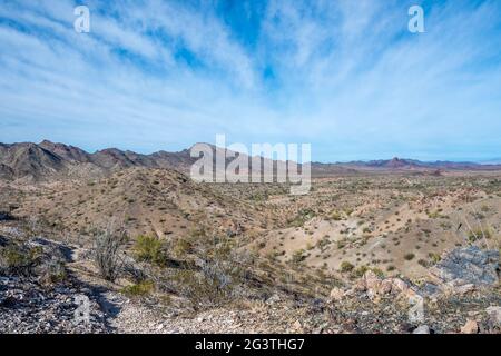 An overlooking view of nature along Quartzsite, Arizona Stock Photo